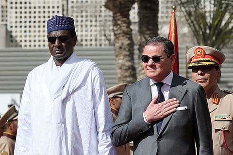 Libya's Tripoli-based Government of National Unity (GNU) Prime Minister Abdulhamid Dbeibah receives Niger's Prime Minister Ali Mahamane Lamine Zeine at the former's headquarters in Tripoli on June 15, 2026.