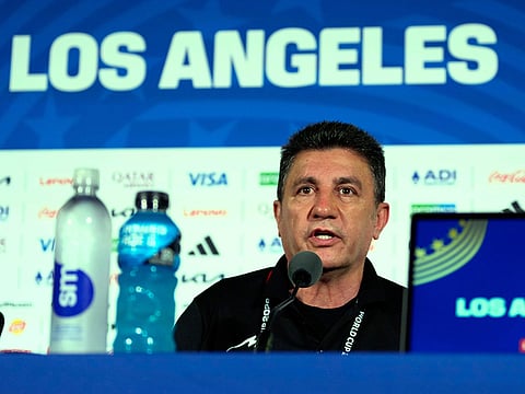 Iran head coach Amir Ghalehnoy speaks during a press conference ahead of his FIFA World Cup match against New Zealand in Inglewood, California, near Los Angeles, Sunday, June 14, 2026.