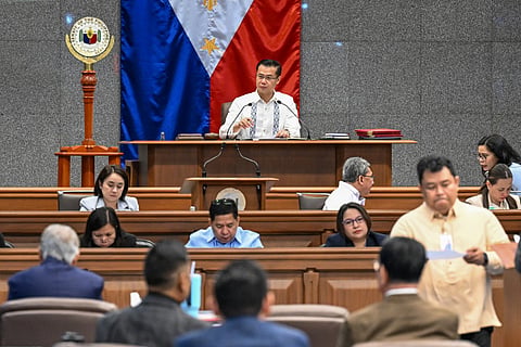 Philippine Senator Sherwin Gatchalian (centre) presides as Senate President during the special plenary session at the Senate of the Philippines in Pasay, Metro Manila on June 17, 2026.