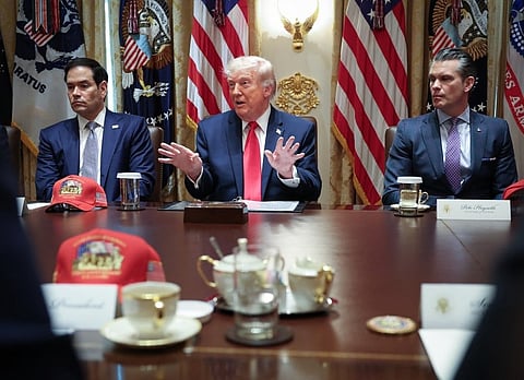 President Donald Trump (C-L) speaks during a Cabinet meeting in the Cabinet Room of the White House on May 27, 2026 in Washington, DC. Trump said a peace deal with Iran was “largely negotiated” amid expectations around the re-opening the Strait of Hormuz.