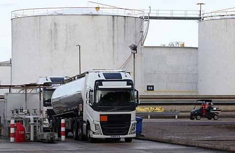 A tanker is stocked with crude oil at the Hamble oil refinery near Southampton, southern England. File photo taken on October 4, 2021.