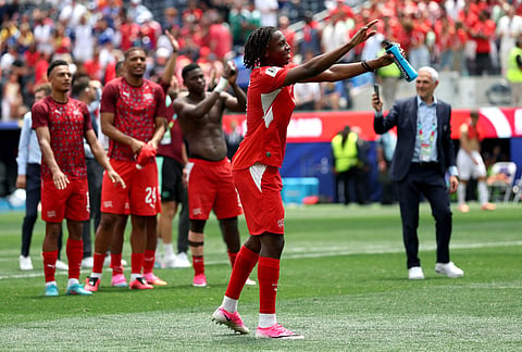 Johan Manzambi #9 of Switzerland applauds fans after the 4-1 win during the FIFA World Cup 2026 Group B match between Switzerland and Bosnia and Herzegovina at Los Angeles Stadium on June 18, 2026 in Inglewood, California.