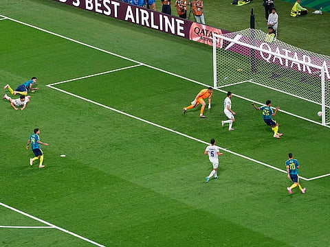 Colombia's Luis Diaz (7), left, scores his side's second goal during the World Cup Group K soccer match against Uzbekistan in Mexico City, Wednesday, June 17, 2026.