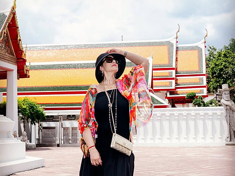Manisha Koirala at the Reclining Buddha temple in Bangkok, Thailand.