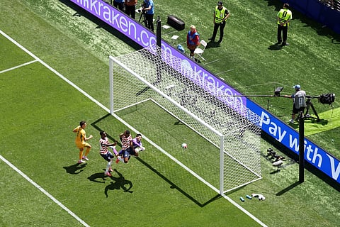 Alex Freeman #16 of the United States heads to score the team's second goal during the FIFA World Cup 2026 Group D match between USA and Australia at Seattle Stadium on June 19, 2026 in Seattle, Washington.