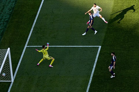 Ismael Saibari of Morocco scores his team's first goal during the FIFA World Cup 2026 Group C match between Scotland and Morocco at Boston Stadium on June 19, 2026 in Foxborough, Massachusetts.