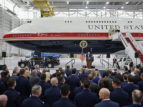 US President Donald Trump delivers remarks after touring the newest aircraft in the presidential fleet at Andrews Air Force Base on June 19, 2026 at Joint Base Andrews, Maryland.