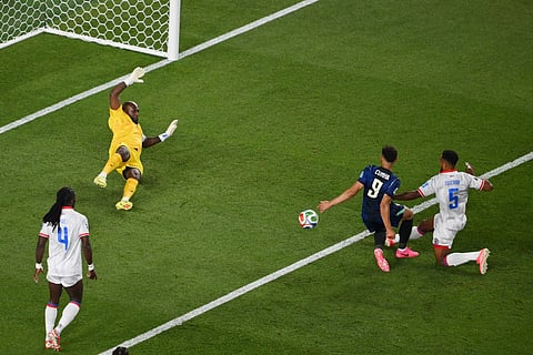 Brazil's forward #09 Matheus Cunha (2nd R) scores his team's first goal during the 2026 World Cup Group C football match between Brazil and Haiti at the Philadelphia Stadium in Philadelphia on June 19, 2026.