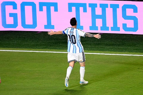 Argentina's Lionel Messi (10) celebrates after scoring their second goal during the World Cup Group J soccer match between Argentina and Algeria in Kansas City, Mo., Tuesday, June 16, 2026. (AP Photo/Reed Hoffmann)