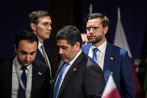 US Vice President JD Vance speaks (R) looks on next to US President's son-in-law Jared Kushner (L) prior to a quadrilateral meeting between the United States, Iran, Pakistan and Qatar at the Burgenstock luxury hotel complex overlooking Lake Lucerne, Switzerland, on June 21, 2026, as part of high-level talks aimed at advancing a deal to end the Middle East conflict.