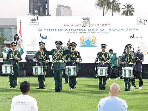 The Dubai Police band performs at the International Yoga Day event at Dubai Police Officers' Club on Sunday morning.