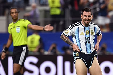 Argentina's forward #10 Lionel Messi reacts after missing a penalty kick during the 2026 World Cup Group J football match between Argentina and Austria at the Dallas Stadium in Arlington on June 22, 2026.