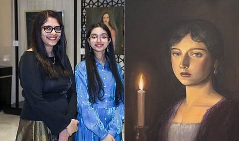 Left: Nikita Neogy with her mother, Lisa Chatterjee. Right: Her artwork, The Last Spark