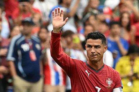 Portugal's forward #07 Cristiano Ronaldo reacts after winning the 2026 World Cup Group K football match between Portugal and Uzbekistan at the Houston Stadium in Houston on June 23, 2026.