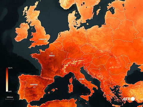 A photo created on June 24, 2026 combining sources from EDO, Nasa, Jaxa, Gebco, OSM shows a map of Europe as a heatwave is scorching the continent, exceeding some scientific projections.