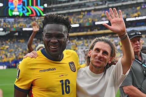 Ecuador's Argentine head coach Sebastian Beccacece and Ecuador's forward #16 Jordy Caicedo celebrate after winning the 2026 World Cup Group E football match between Ecuador and Germany at the New York/New Jersey Stadium in East Rutherford on June 25, 2026.