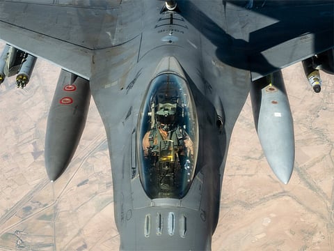 An F-16 US fighter jet fly over the Middle East during a patrol.