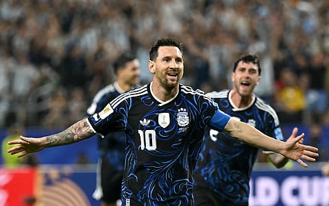 Argentina's forward #10 Lionel Messi celebrates scoring his team's third goal during the 2026 World Cup Group J football match between Jordan and Argentina at the Dallas Stadium in Arlington on June 27, 2026.
