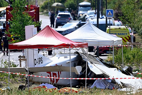 This photograph shows the wreckage of a Pilatus PC-6 light aircraft after it crashed at Tomblaine, on the outskirts of Nancy, eastern France on June 28, 2026.