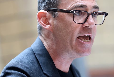 Labour MP and challenger for Leader of the Labour party, Andy Burnham, delivers a speech in Manchester, northern England, on June 29, 2026.