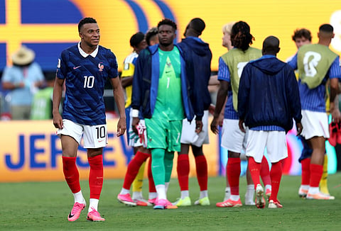 Kylian Mbappe #10 of France reacts after the 3-0 win during the FIFA World Cup 2026 Round Of 32 match between France and Sweden at New York New Jersey Stadium on June 30, 2026 in East Rutherford, New Jersey.