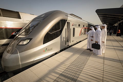 Etihad Rail train, the UAE's first passenger train, on its inaugural journey at Mohamed bin Zayed City station in Abu Dhabi on June 30, 2026.