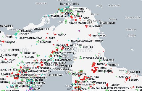 Commercial traffic transiting through the Strait of Hormuz as of 8.10 am Tokyo time on Thursday (July 2, 2026), as shown by online global ship tracking site Marine Traffic.