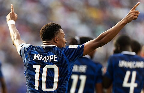 Kylian Mbappe #10 of France celebrates scoring his team's third goal during the FIFA World Cup 2026 Round Of 32 match between France and Sweden at New York New Jersey Stadium on June 30, 2026 in East Rutherford, New Jersey.