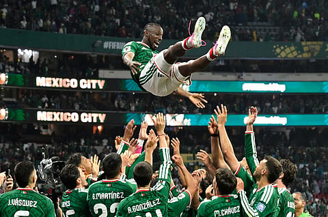 Mexico's players celebrate after winning the 2026 World Cup round of 32 football match between Mexico and Ecuador at the Mexico City Stadium in Mexico City on June 30, 2026.