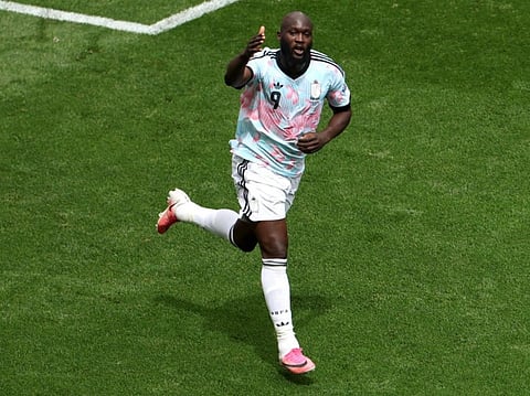 Romelu Lukaku #9 of Belgium reacts after scoring the team's first goal during the FIFA World Cup 2026 Round Of 32 match between Belgium and Senegal at Seattle Stadium on July 01, 2026 in Seattle, Washington.