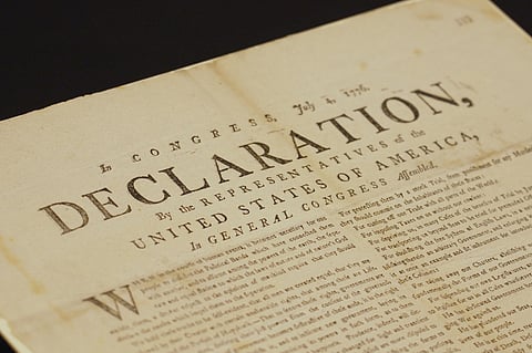 This image made from video shows a newly discovered copy of the U.S. Declaration of Independence, printed in July 1776 in Exeter, is displayed at The National Archives in London, Thursday, July 2, 2026. (AP Photo/Kwiyeon Ha)