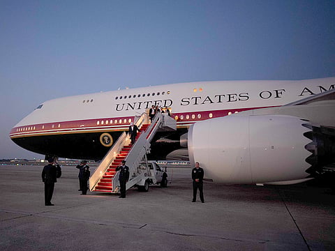 US President Donald Trump arrives at Joint Base Andrews in Maryland aboard the newly upgraded Air Force One, a Boeing 747 gifted to the United States by Qatar's government.