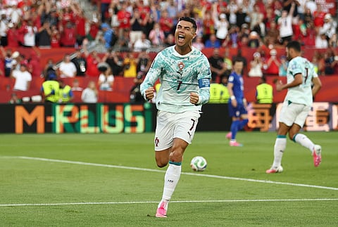 Portugal's forward #07 Cristiano Ronaldo celebrates after scoring his team's first goal from the penalty spot during the 2026 World Cup round of 32 football match between Portugal and Croatia at the Toronto Stadium in Toronto on July 2, 2026.