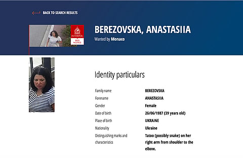 This screenshot of the Interpol webpage shows a Red Notice for Anastasiia Berezovska, a suspect in the Monaco bombing that reportedly targeted a Ukrainian tycoon with links to Russia. (Interpol via AP)