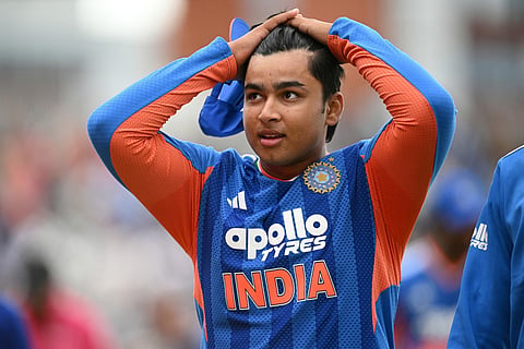India's Vaibhav Sooryavanshi leaves the field after the second Twenty20 (T20) international cricket match between England and India at Old Trafford in Manchester, north-west England on July 4, 2026.