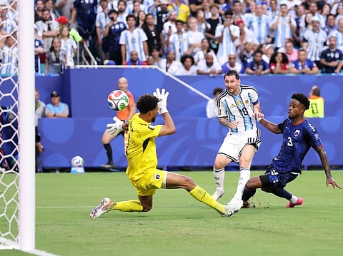 Lionel Messi of Argentina scores his team's first goal during the FIFA World Cup 2026 Round of 32 match against Cabo Verde at Miami Stadium on July 03, 2026 in Miami Gardens, Florida.