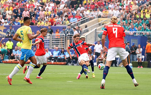 Patrick Berg #6 of Norway scores a goal that was ruled offside during the FIFA World Cup 2026 Round of 16 match between Brazil and Norway at New York New Jersey Stadium on July 05, 2026 in East Rutherford, New Jersey.