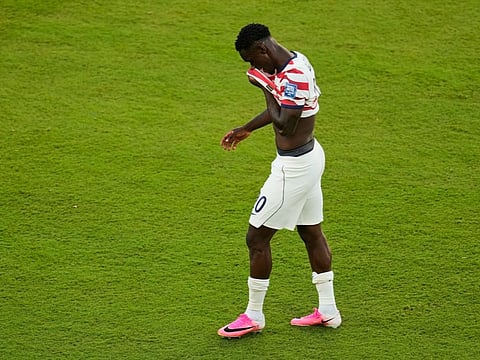 United States' Folarin Balogun (20) walks off the field after receiving a red card during the World Cup round of 32 soccer match against Bosnia in Santa Clara, on Wednesday, July 1, 2026.