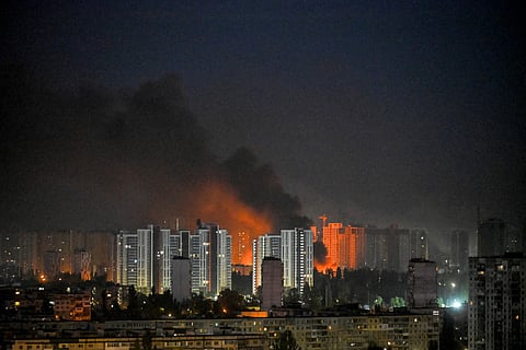 This photograph shows a fire after an explosion during a Russian missile strike on the Ukrainian capital of Kyiv on July 6, 2026, amid the Russian invasion in Ukraine.