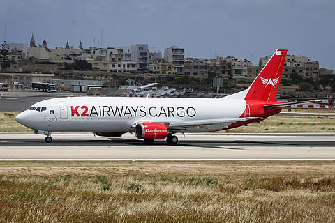 A K2 Airways Cargo Boeing 737-400 freighter. The plane operating flight KTA1732 from Sharjah to Karachi lost contact during the flight, triggering a search-and-rescue operation. The aircraft, registered AP-BOI, reportedly experienced navigation issues before radar and communication contact were lost over the Arabian Sea west of Karachi. Five crew members were on board.