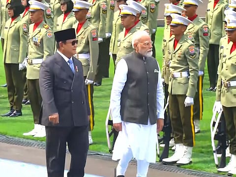 Prime Minister Narendra Modi receives a ceremonial Guard of Honour during his official welcome in Jakarta, Indonesia, on Tuesday.