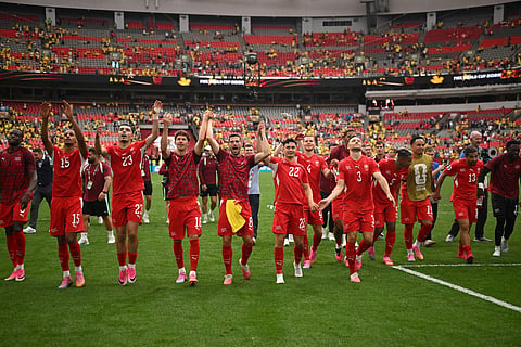 Switzerland players applaud fans after penalty shootout victory during the FIFA World Cup 2026 Round of 16 match between Switzerland and Colombia at BC Place Vancouver on July 07, 2026 in Vancouver, British Columbia, Canada.
