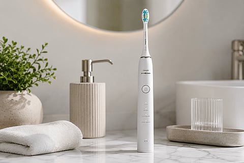 Sleek electric toothbrush in a bathroom setup