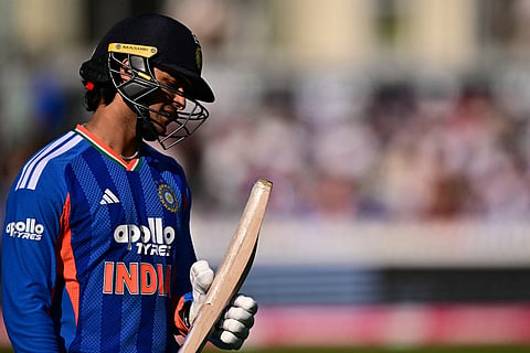 India's Abhishek Sharma walks back to the pavilion after losing his wicket for 16 runs during the fourth Twenty20 (T20) International cricket match between England and India at the Seat Unique Stadium, in Bristol, south west England, on July 9, 2026.