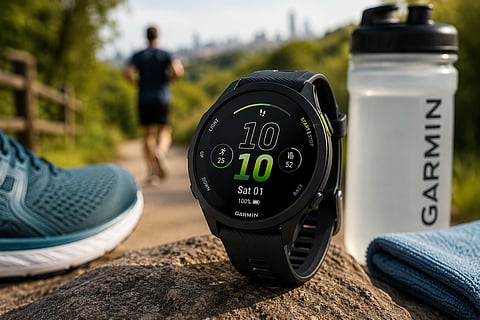 Outdoor running gear, including a Garmin watch and trainers