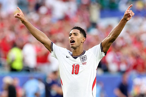 Jude Bellingham #10 of England celebrates after winning the FIFA World Cup 2026 Quarter Final match between Norway and England at Miami Stadium on July 11, 2026 in Miami Gardens, Florida.