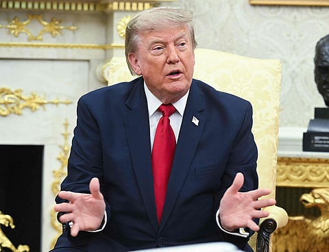 US President Donald Trump speaks during a meeting with Prime Minister of Iraq Ali Al Zaidi in the Oval Office of the White House in Washington, DC, on July 14, 2026.