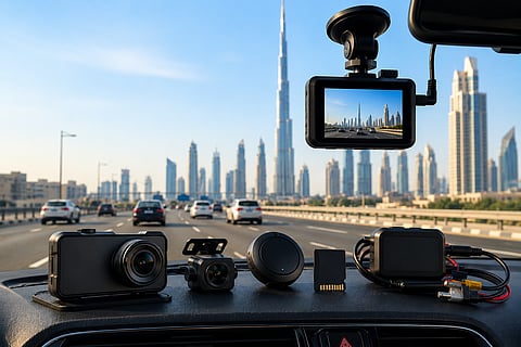 Dashcam in car with city view