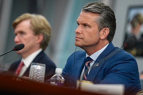 US Defence Secretary Pete Hegseth listens during a meeting with Iraq's Prime Minister Ali al-Zaidi at the Pentagon Tuesday, July 14, 2026, in Washington. (Al Drago/Pool via AP)
