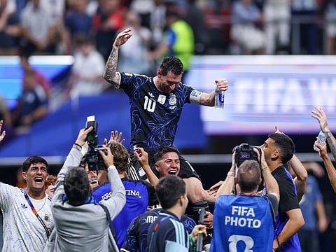 Lionel Messi celebrates with teammates after the 2-1 win during the FIFA World Cup 2026 Semi Final match between England and Argentina